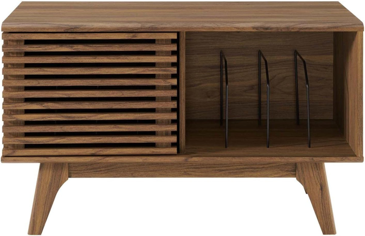 Front-facing walnut record stand with slatted door on left and open right compartment with three black metal dividers.