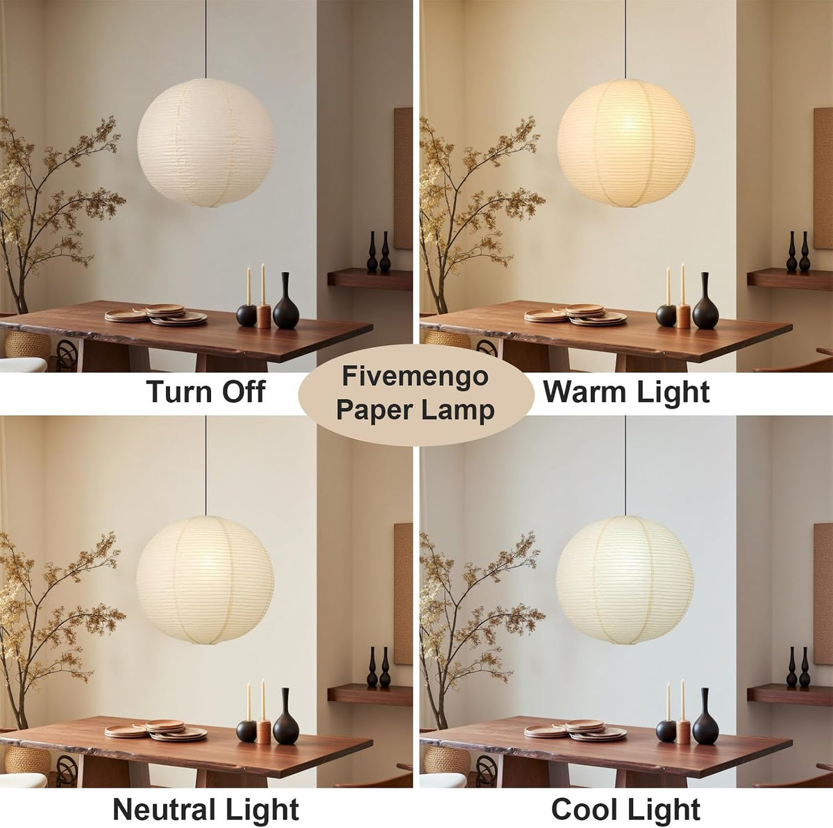 Four-panel room view showing the paper pendant off, and lit in warm, neutral, and cool tones above a dining table.
