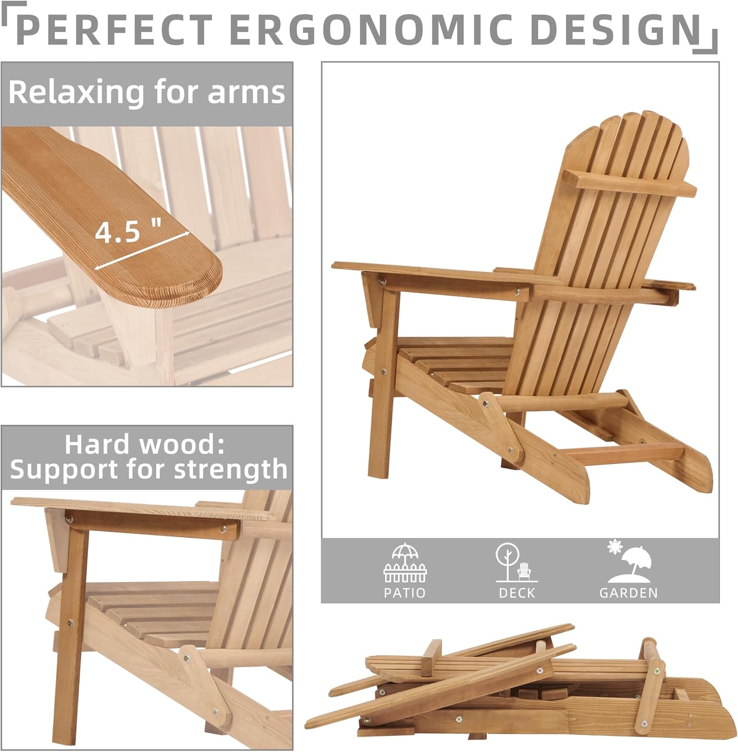 Collage showing armrest close-up, side view and folded chair to highlight the one-step folding mechanism