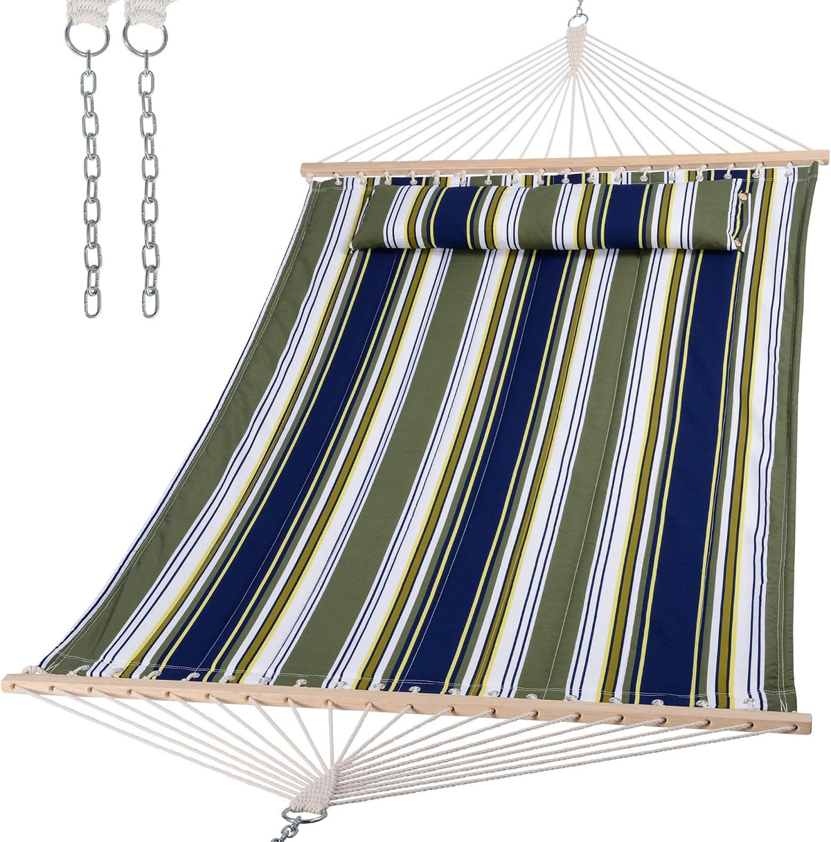 Angled view of an olive-green and navy multi-striped hammock showing the spreader bars, pillow and rope suspension