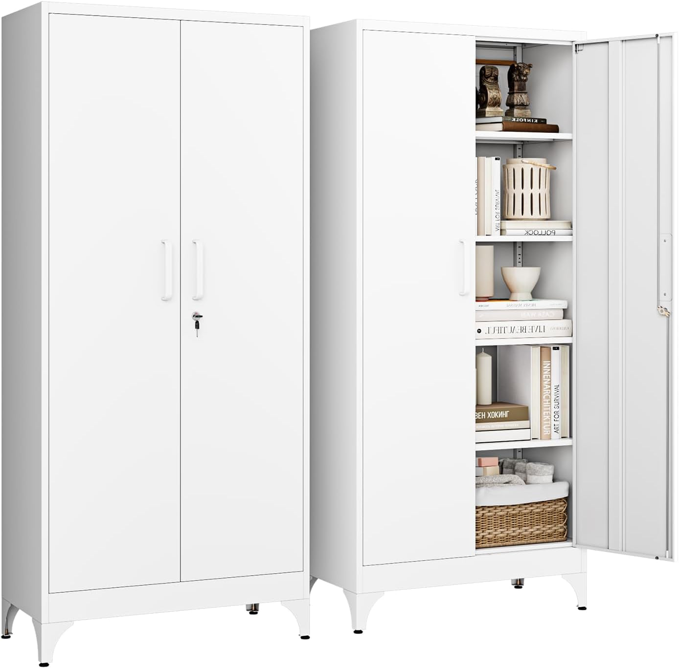 Two white metal storage cabinets side by side; left closed, right with one door open showing organized shelves and items