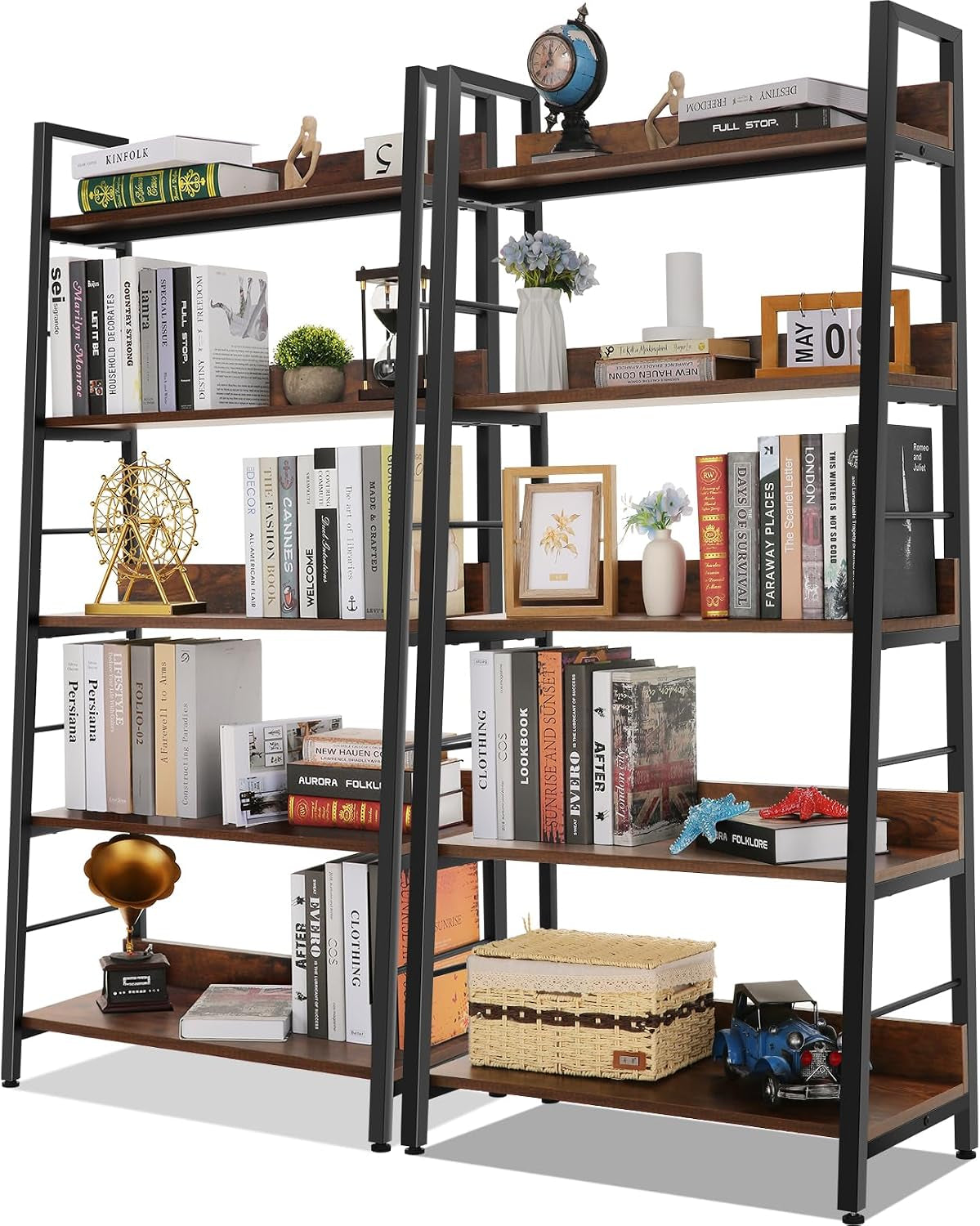 Close crop of the bookcases' middle and lower shelves showing a woven basket, toy car and stacked books