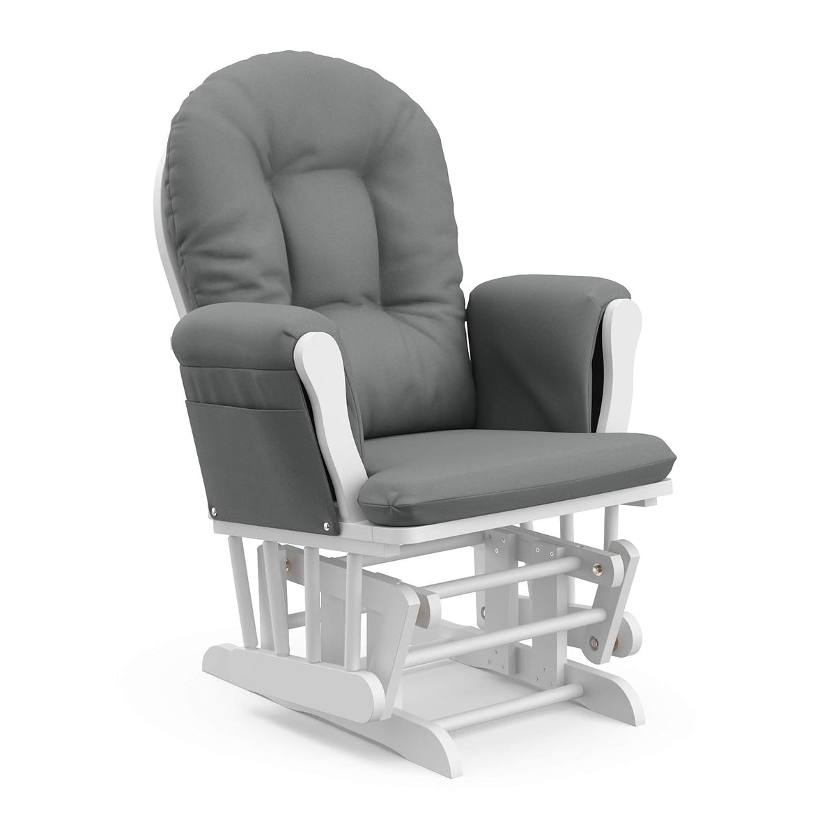 Angled three-quarter view of the glider chair highlighting padded arms and rocking mechanism.