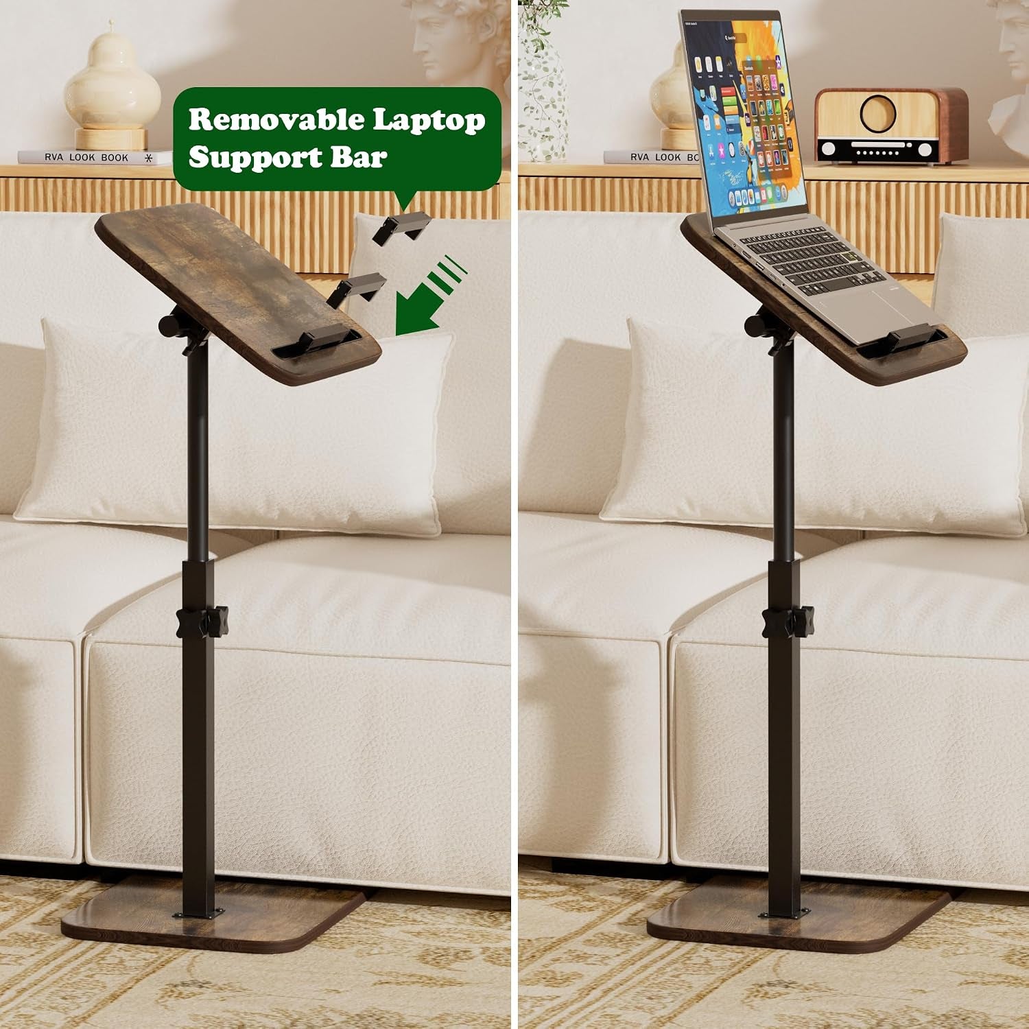 Two views of the C-table showing removable laptop support bar and a laptop propped on the angled top
