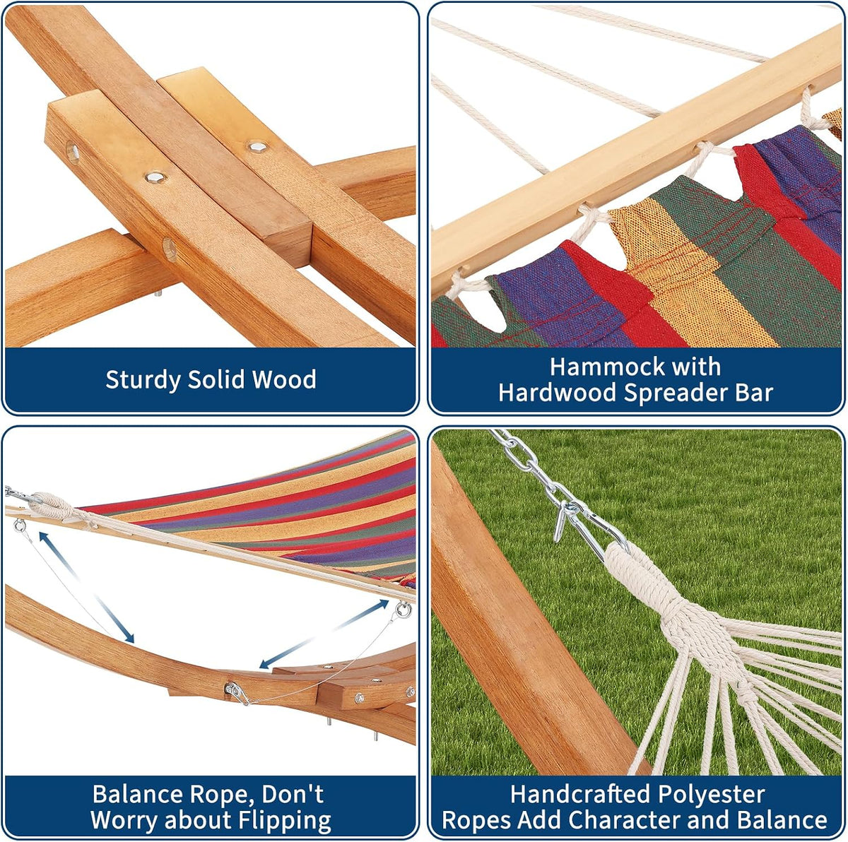 Close-up collage showing solid wood construction, hardwood spreader bar, balance rope and polyester ropes