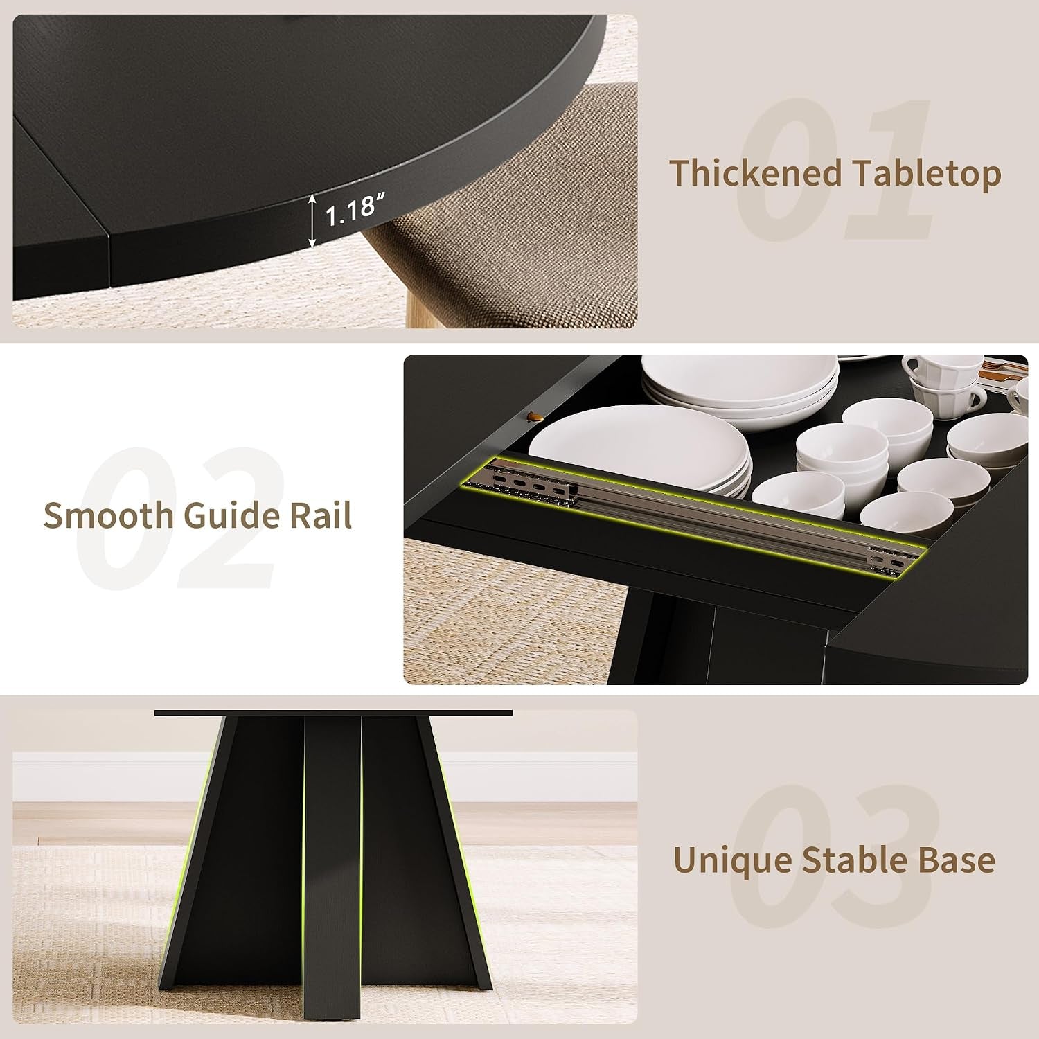Three-panel collage showing tabletop edge, internal guide rail with dishes, and the pedestal base.