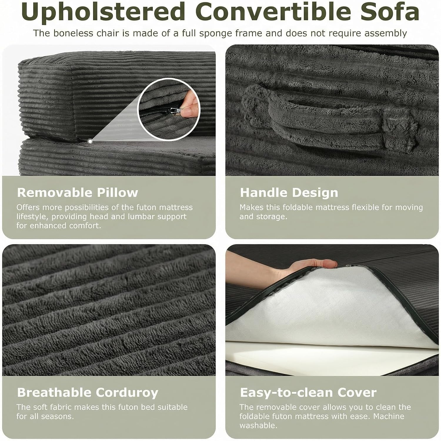 Close-up grid of corduroy texture, handle, zipper and foam core of the grey futon cover