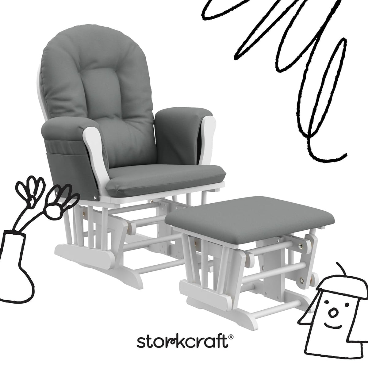 Glider and ottoman on a white background with playful black doodles and a brand logo beneath.