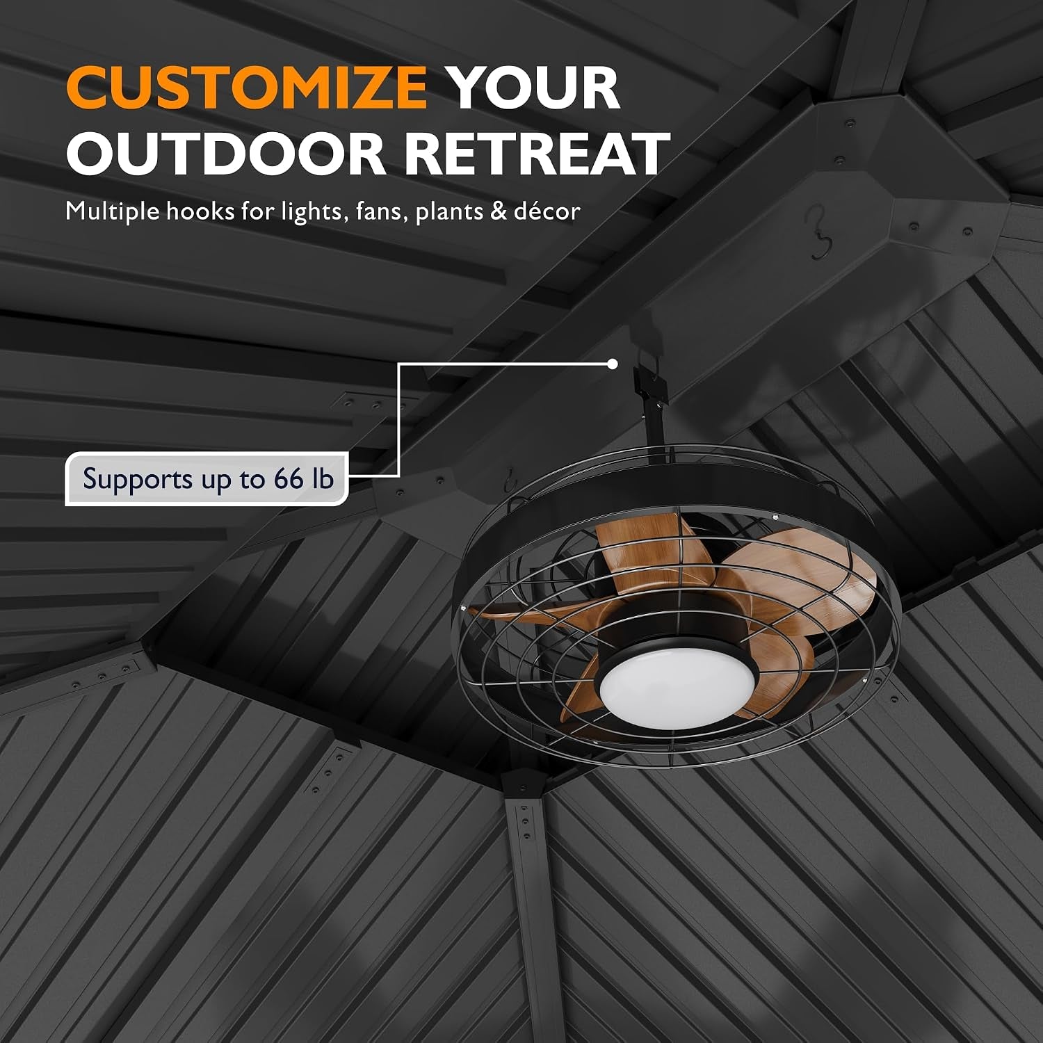 Under-roof view showing metal rafters, a central hanging hook and a ceiling fan suspended beneath the gazebo roof.