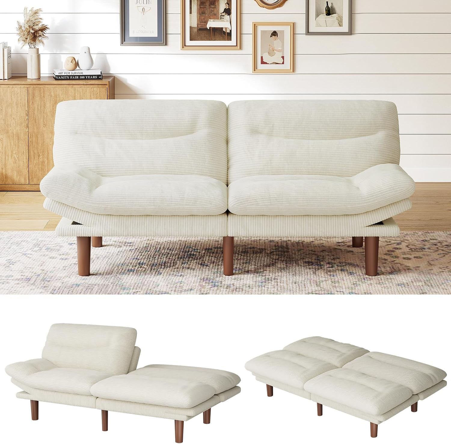 Front view of an off-white corduroy futon sofa bed against a light shiplap wall