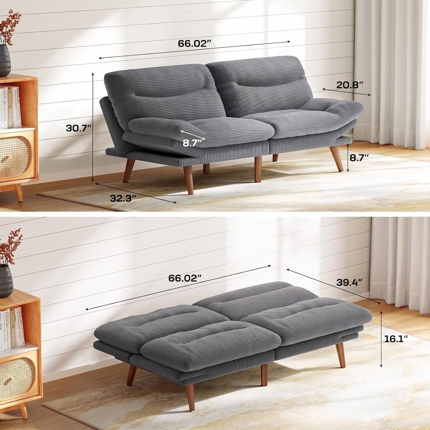 Grey futon showing dimensions 66.02" width and 32.3" depth in sofa and flat configurations