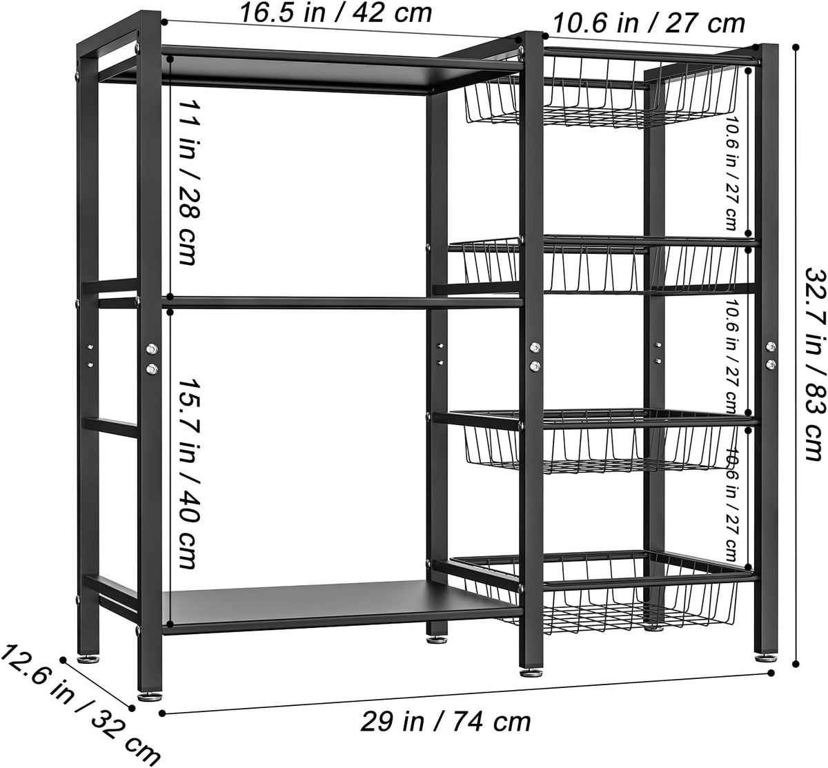 Dimension diagram of the rack with measurements and shelf spacing shown in inches and centimeters.
