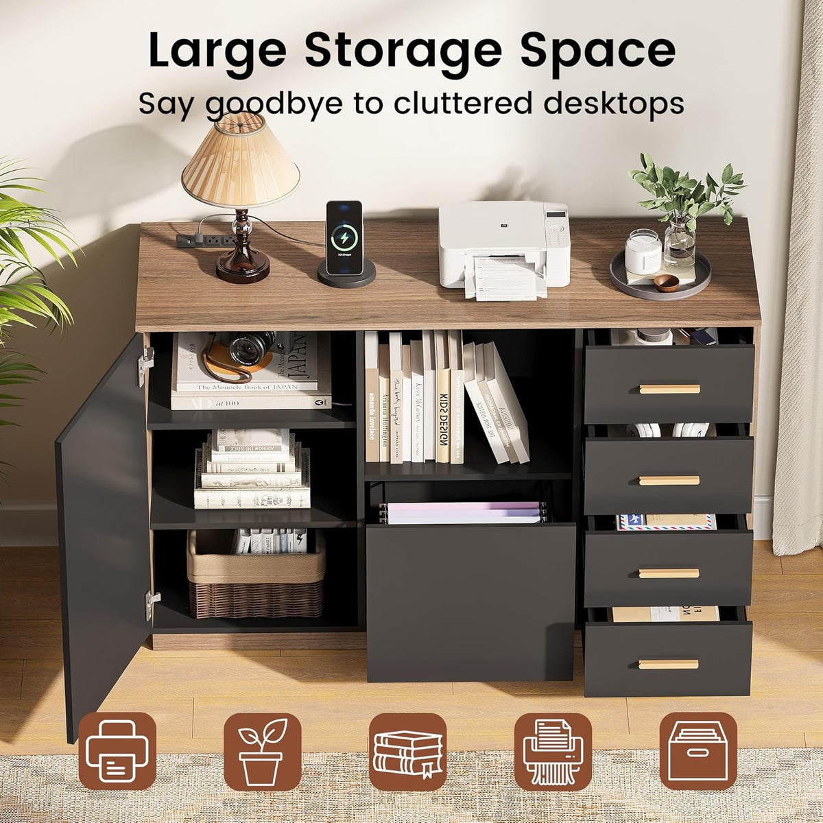 Interior view showing adjustable shelves behind the door, open compartment and five drawers with books and storage