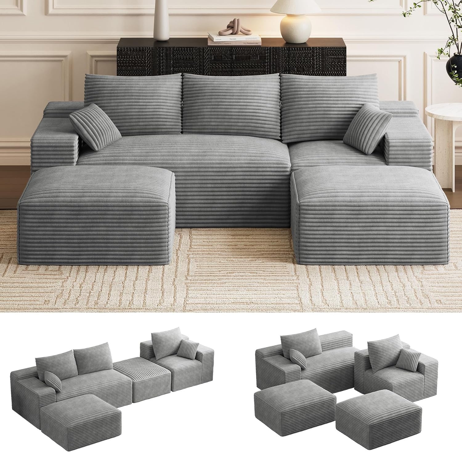 ONEMMLION 96" L-Shaped Cloud Boneless Couch Sofa with Chaise, Beige White | Corduroy Comfy Fluffy Modular Deep Seat Memory Foam Compressed Sectional Sofa for Living Room Oversized Left Facing Chaise