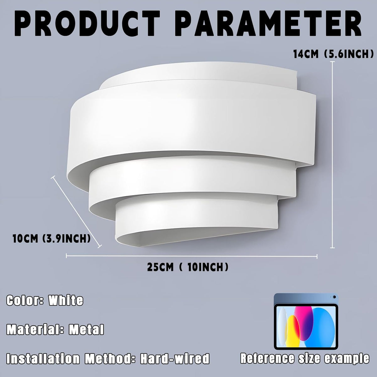 White half-moon metal wall sconce with dimension overlays showing height 14 cm depth 10 cm width 25 cm