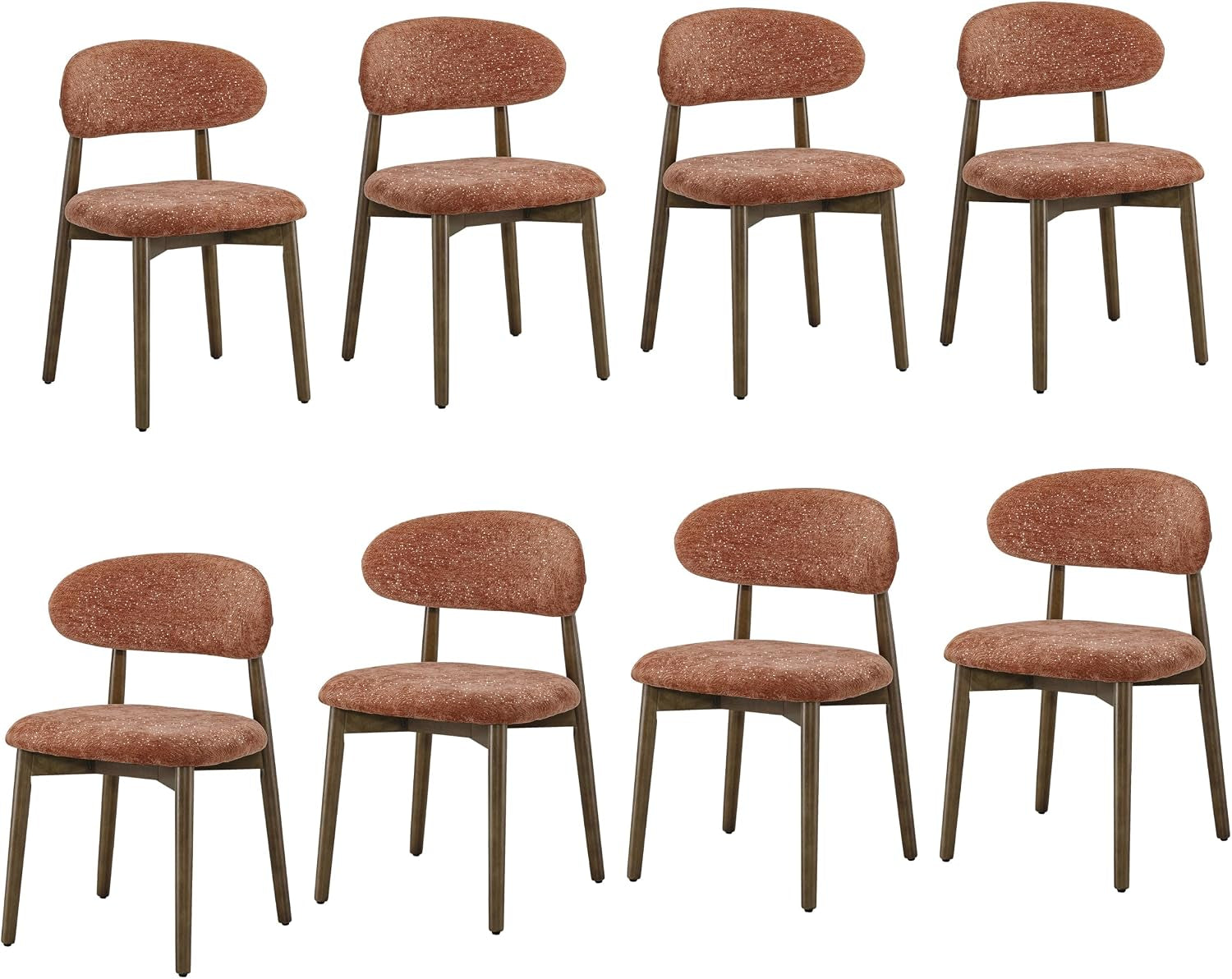 Eight rust-brown upholstered dining chairs with dark brown legs arranged on a white background.