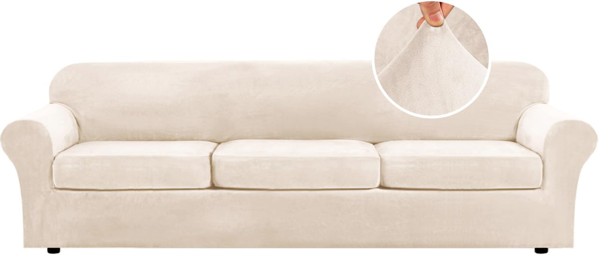 Wide three-seat sofa in soft cream velvet with three distinct seat cushions and visible short feet.