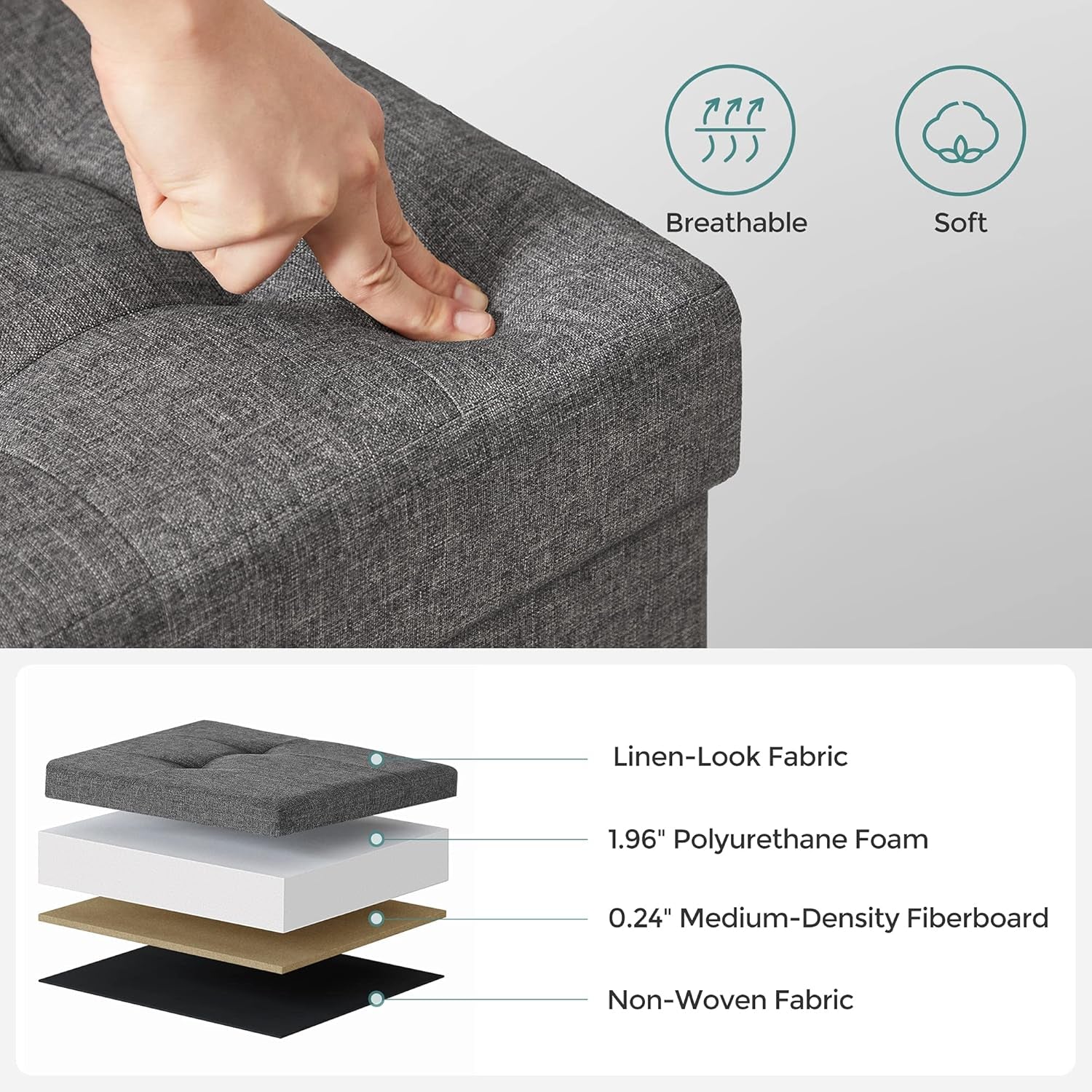 Close-up of the tufted padded top being pressed to show foam cushioning and fabric texture