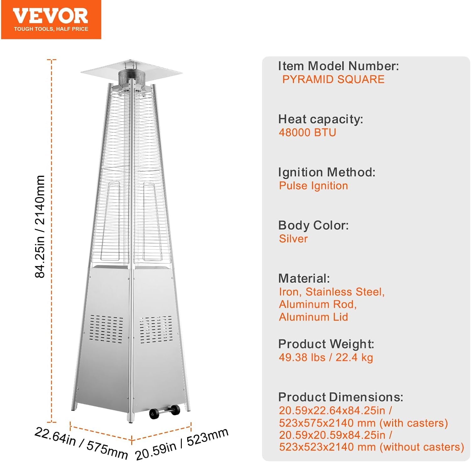 Technical front view drawing of the pyramid heater with dashed dimension lines and small caster wheels shown.