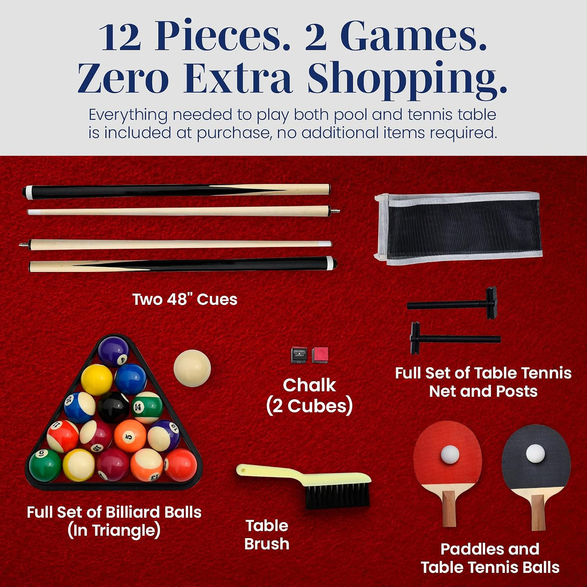 Included accessories arranged on red felt showing two cues, billiard balls in a triangle, chalk, brush, net posts, paddles, и