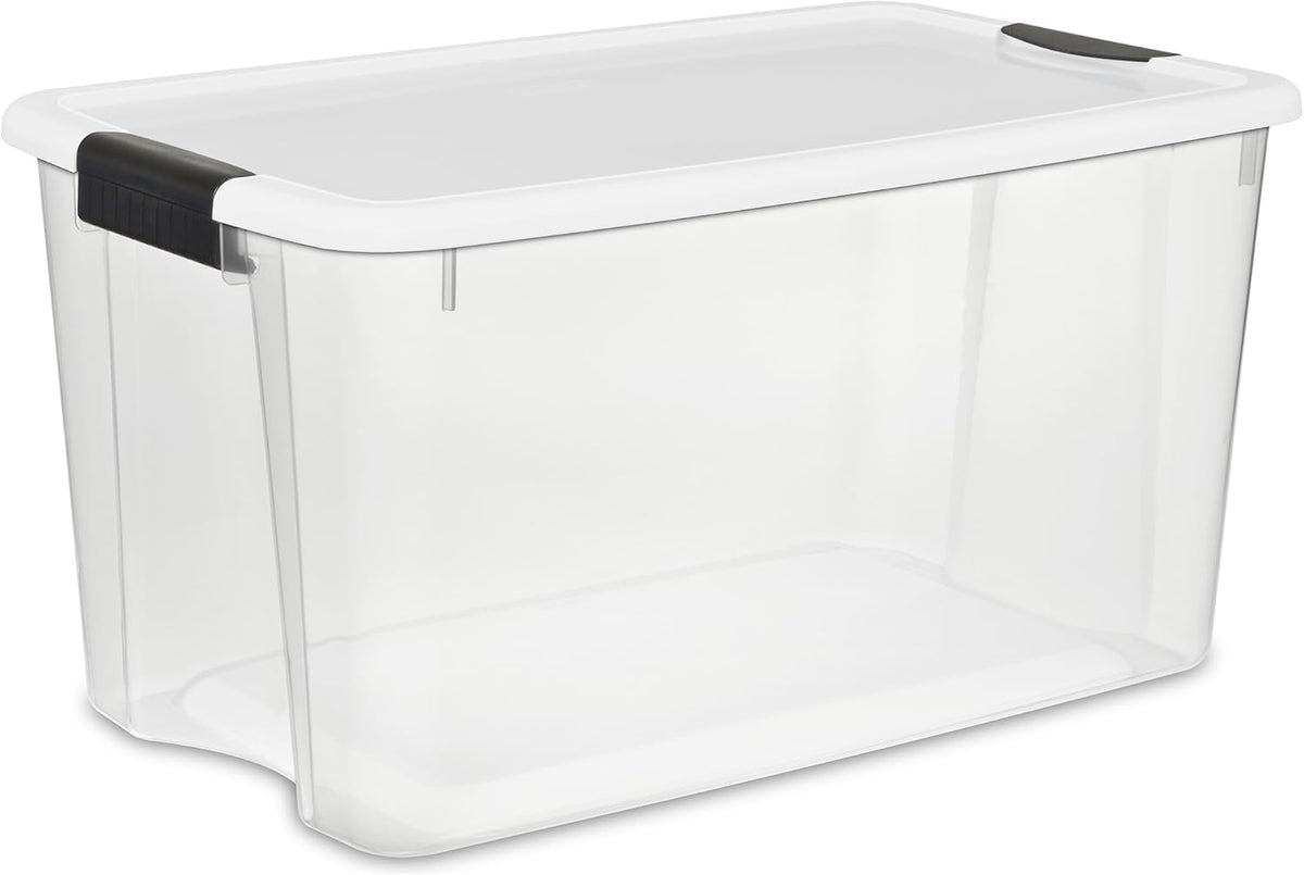 Single clear plastic storage bin with white lid and black latch shown at an angle