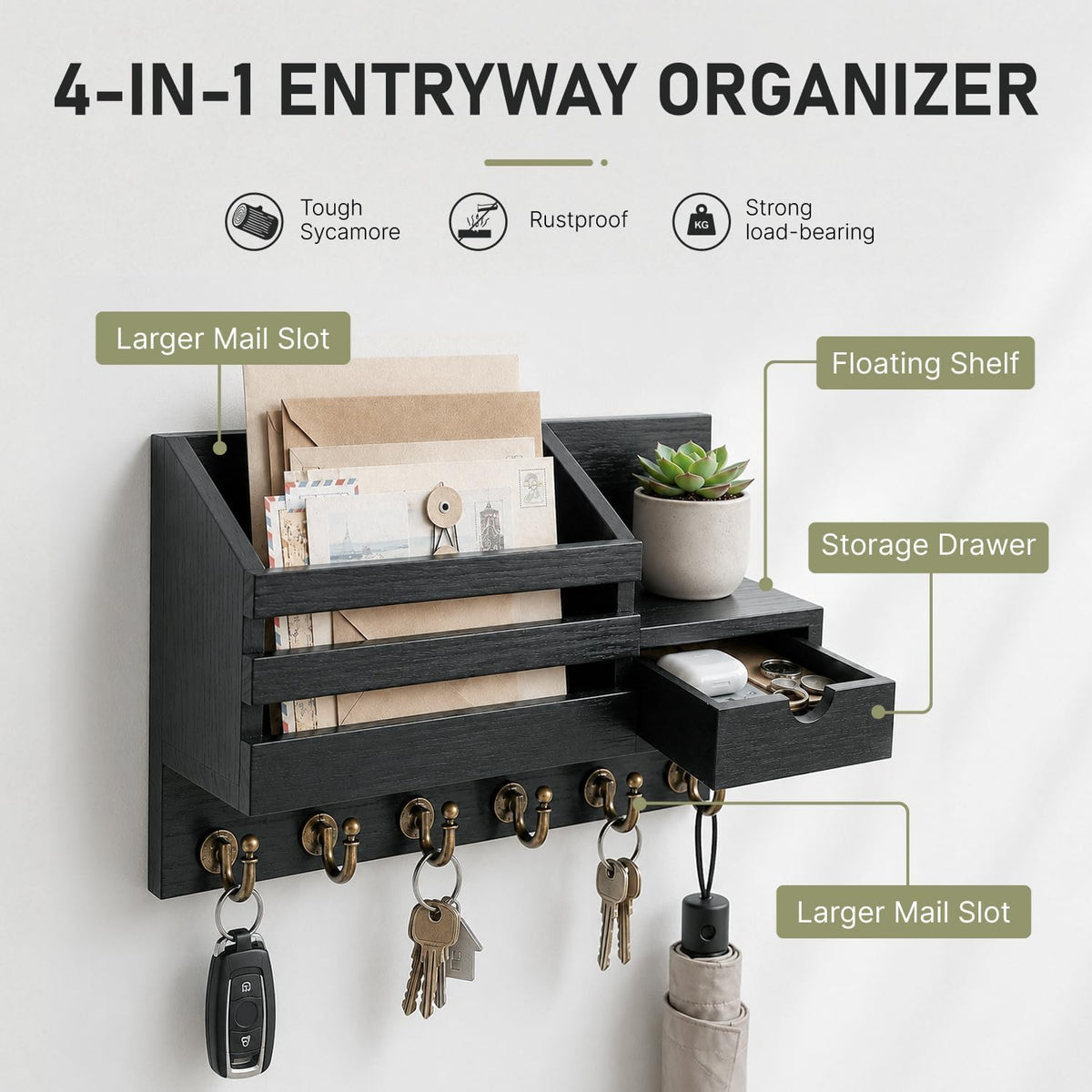 Close angled view of black organizer showing open drawer, mail slot, succulent on top and keys hanging below.