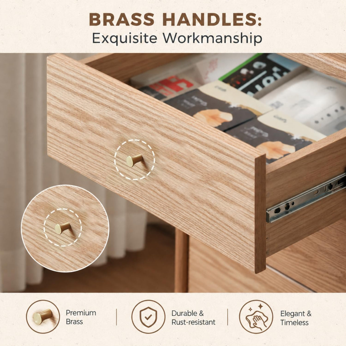 Open drawer close-up showing a golden-tone handle and metal slide rail