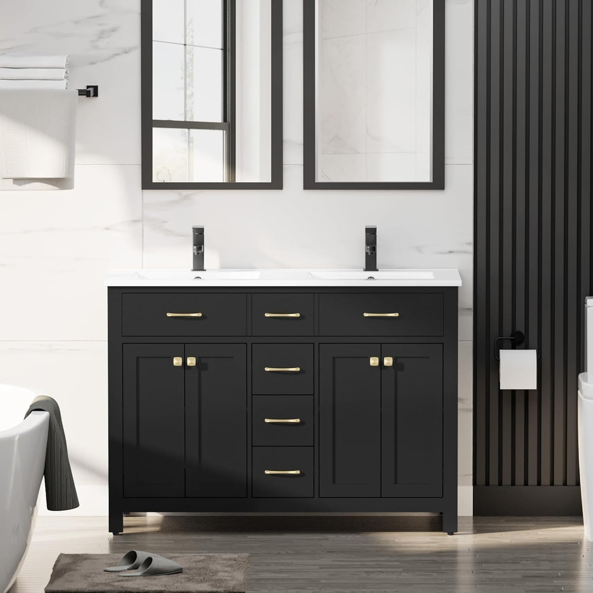 Cropped front view of a black double-sink vanity with white top, gold hardware, two mirrors above, black slat wall at right