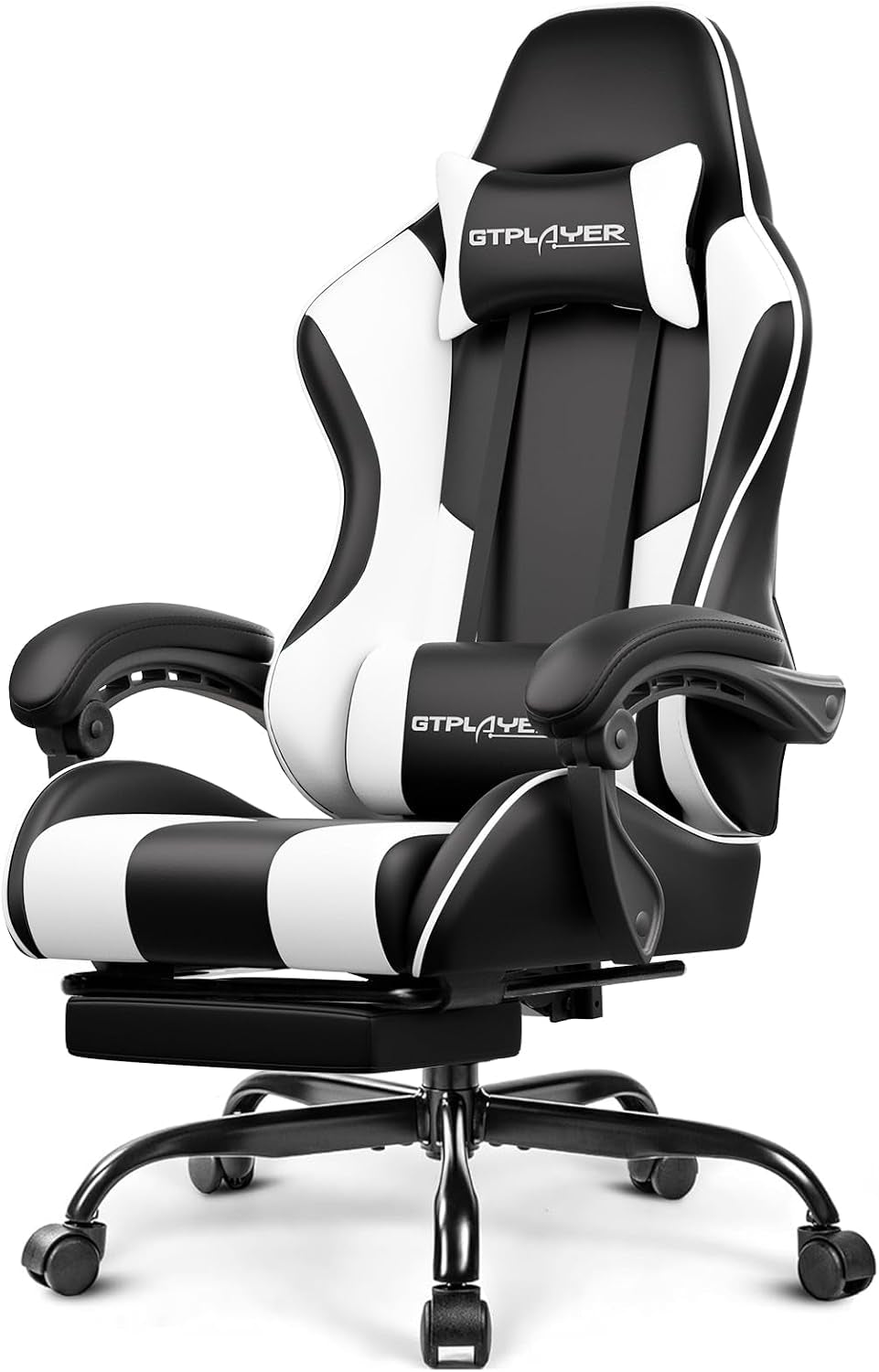Close-up front view of a black and white high-back gaming chair on a white background showing headrest and lumbar pillow.