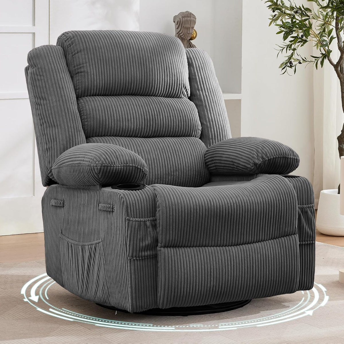 Gray swivel recliner three-quarter view highlighting side storage pocket and recessed cup holder on the arm.