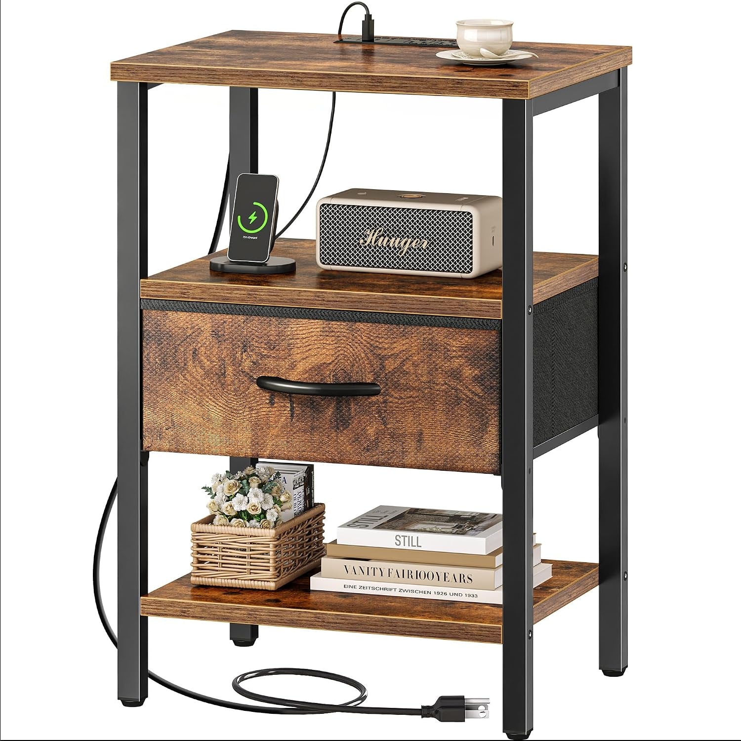 Three-tier nightstand with rustic brown wood finish, black frame and wood-look fabric drawer