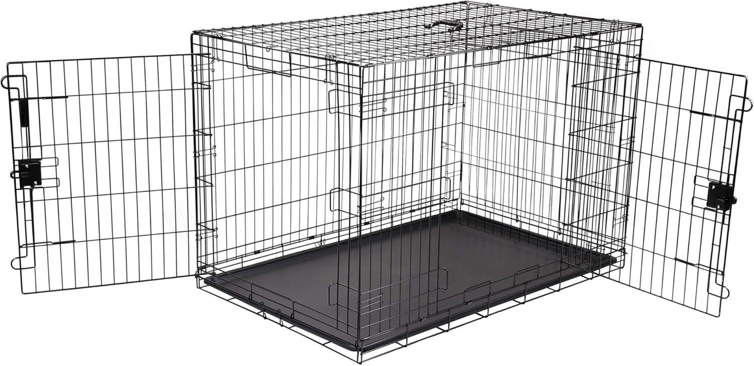 Slightly elevated front view showing the crate's interior floor tray and open double doors from the left side