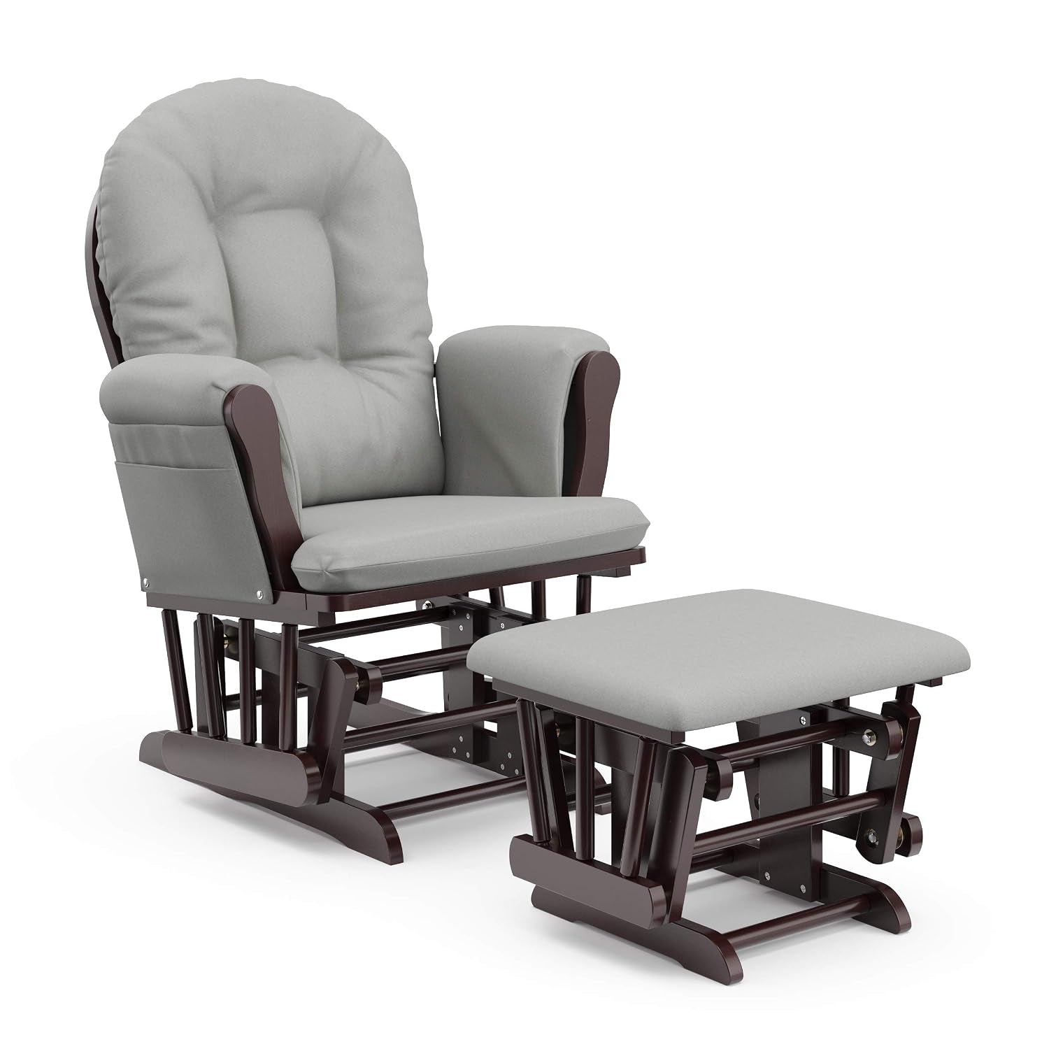 Glider chair and matching ottoman with dark brown wood frame and light gray cushions, shown on white background.