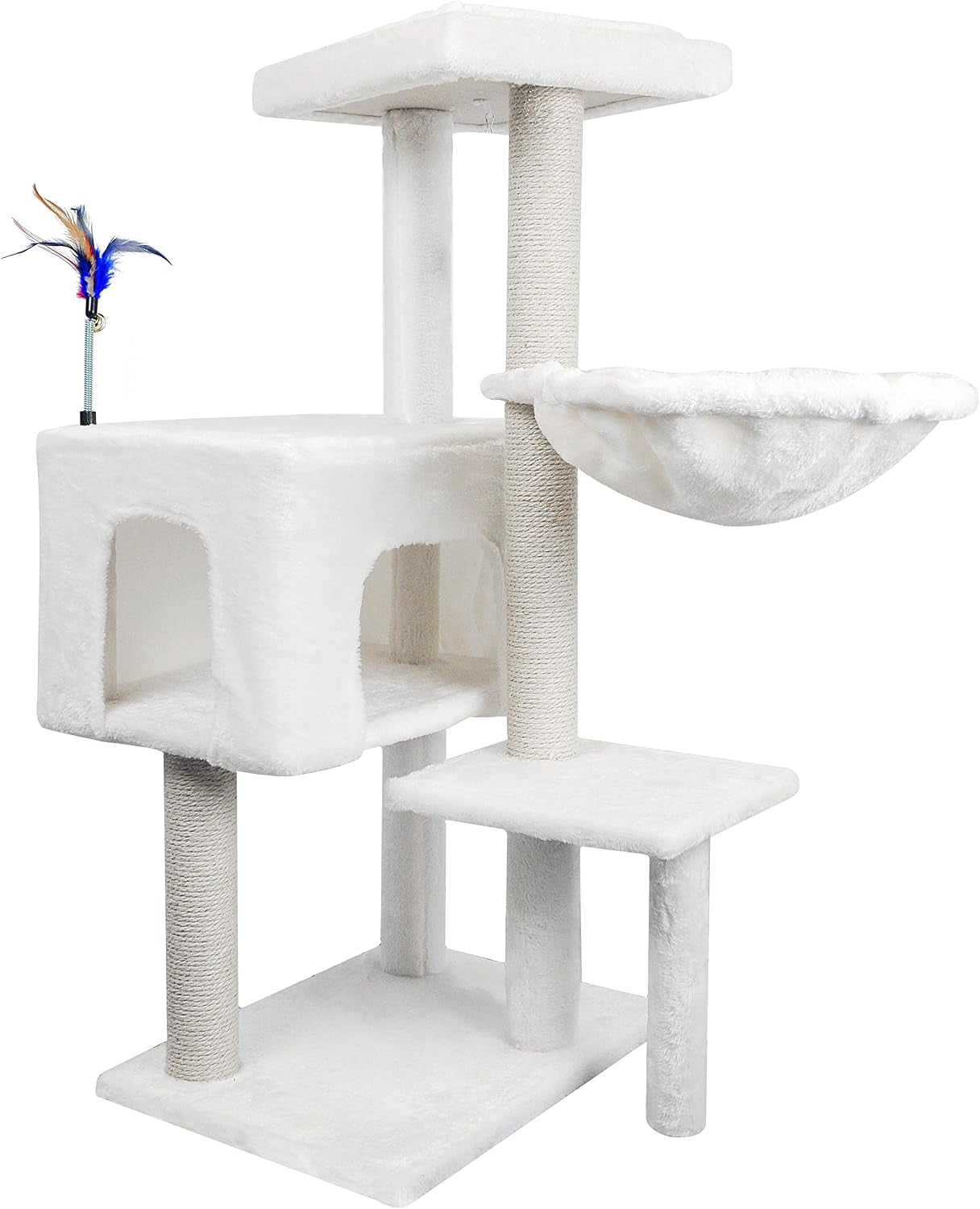 White multi-level cat tree showing condo boxes, hammock bed, scratching posts and top perch.