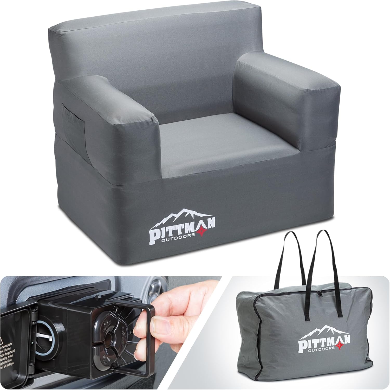 Single gray inflatable armchair with inset close-ups showing the removable pump and a zipped carry/storage bag.