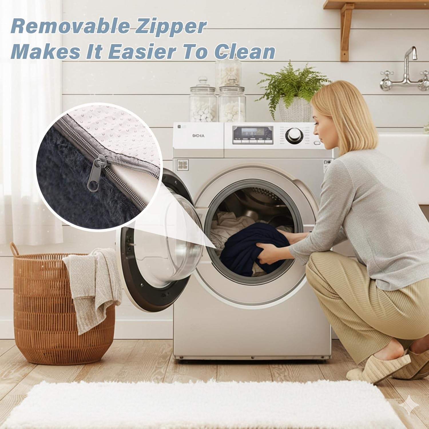 Close-up of a zipper on a navy cover and a woman loading laundry into a front‑load washer