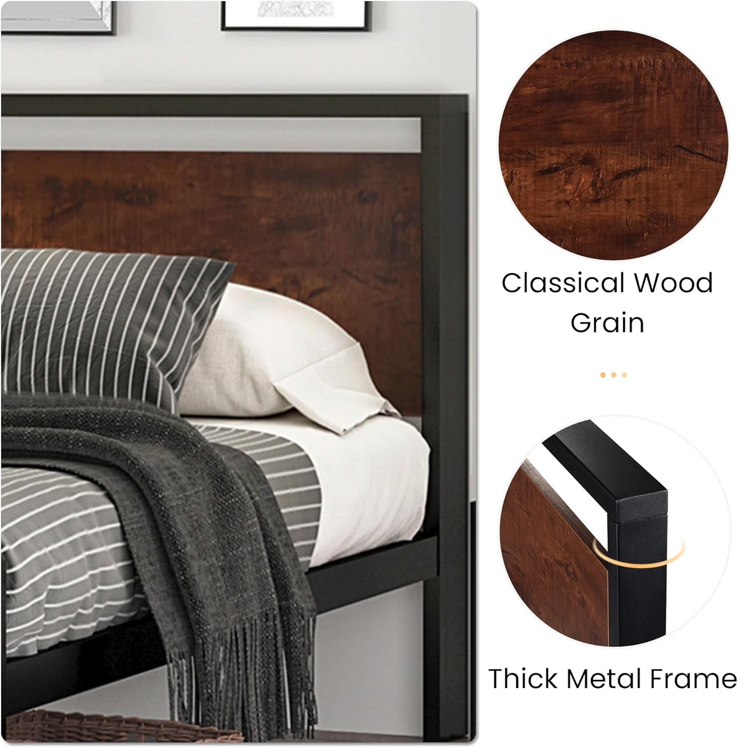Detail view of headboard corner showing wood grain insert and thick black metal frame