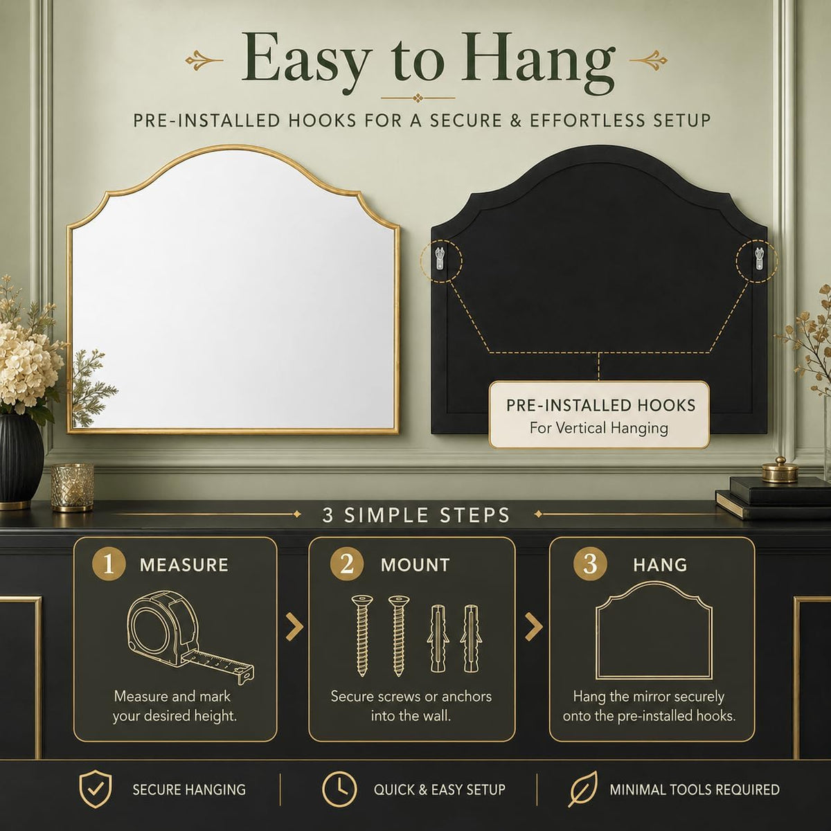 Front and back views of the mirror highlighting pre-installed hanging hooks and three-step measure, mount, hang instructions.
