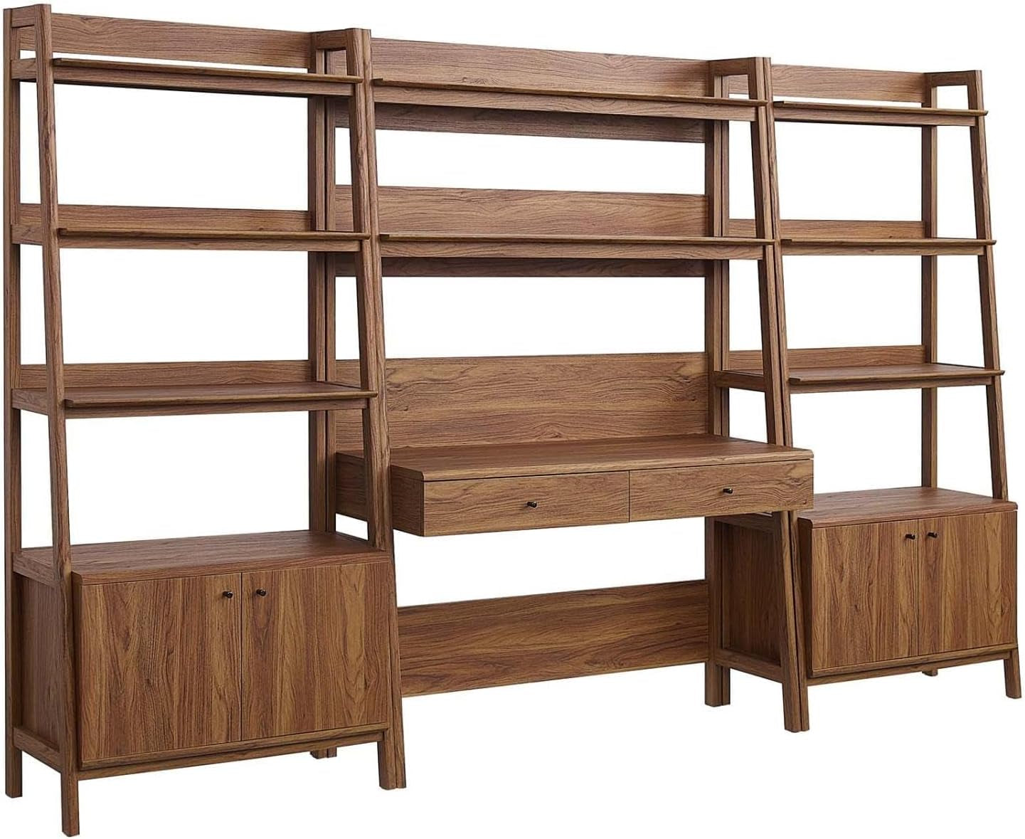 Walnut finish 3-piece office set, angled front view showing wood-grain finish, desk drawers and matching bookshelves