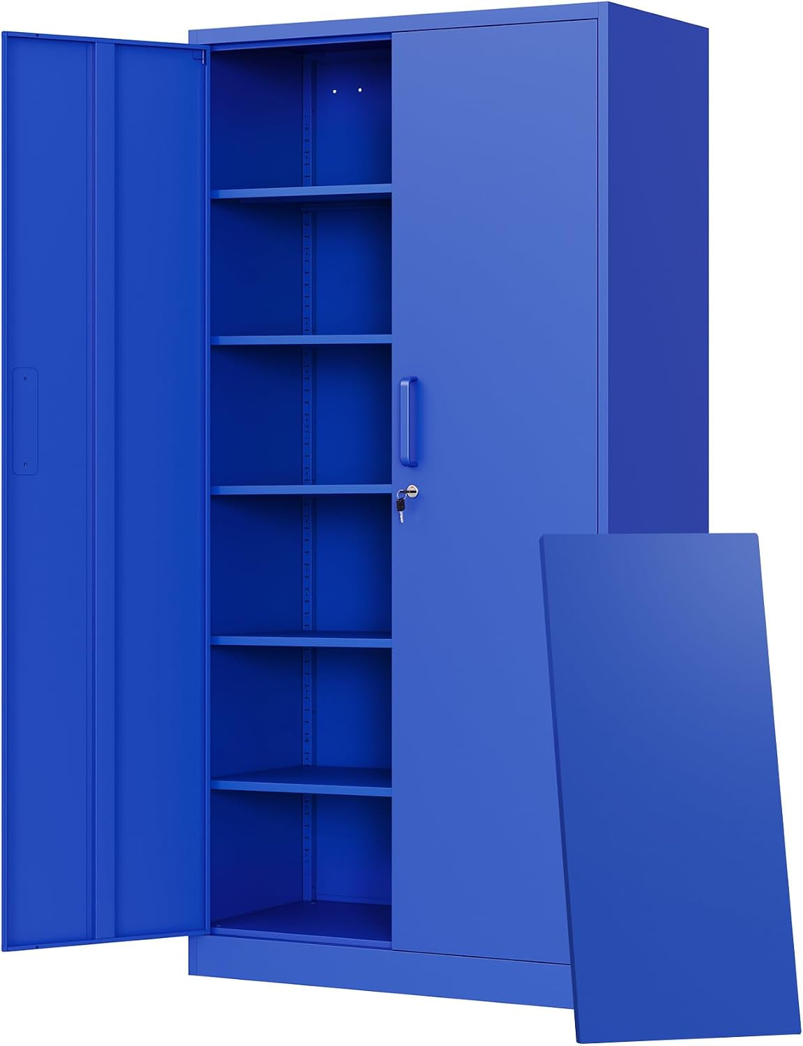 Blue tall metal cabinet with left door open, five interior shelves and a matching blue panel propped beside it.