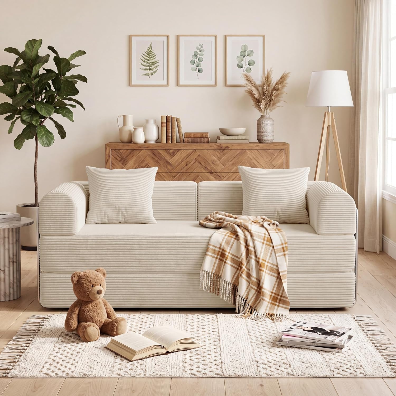 Front view of a cream corduroy folding sofa with pillows and a plaid throw in a bright living room