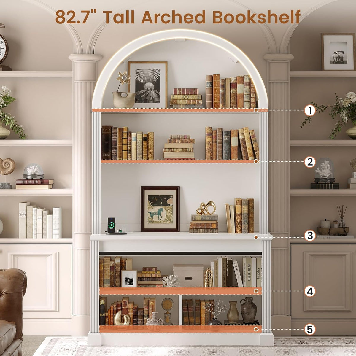 White five-tier arched bookcase hutch displayed with books and decor