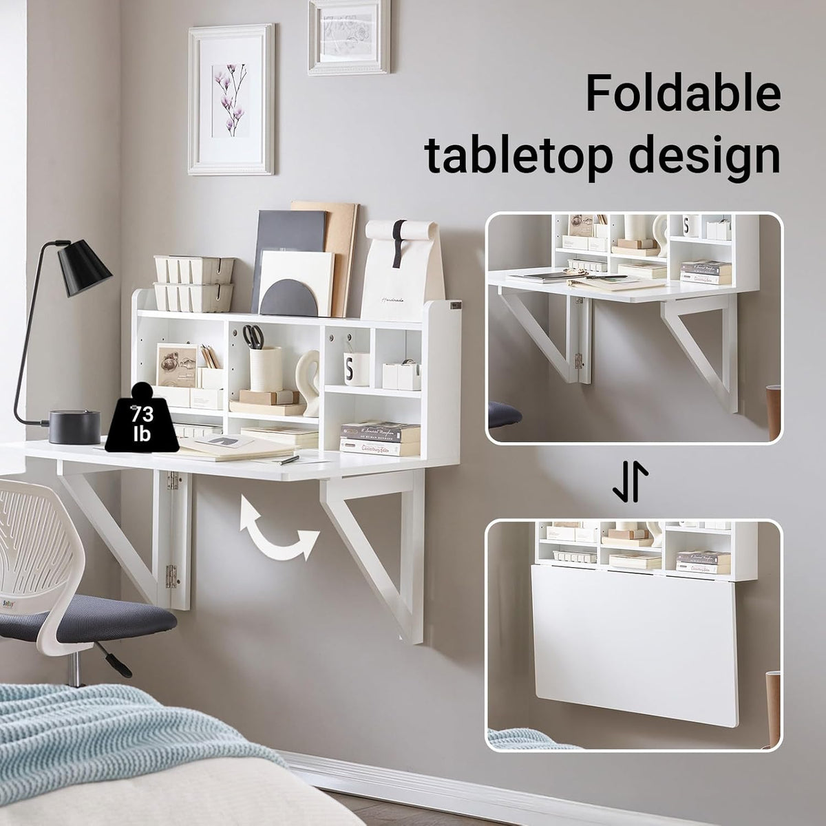 Fold-down tabletop shown both open and folded with white shelf above in a bedroom setting