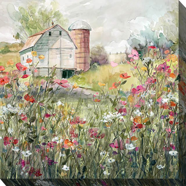 Square colorful barn and wildflower canvas art, shown straight on