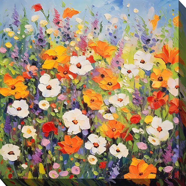 Square canvas wall art with vivid orange, white, red and purple flowers, shown straight on