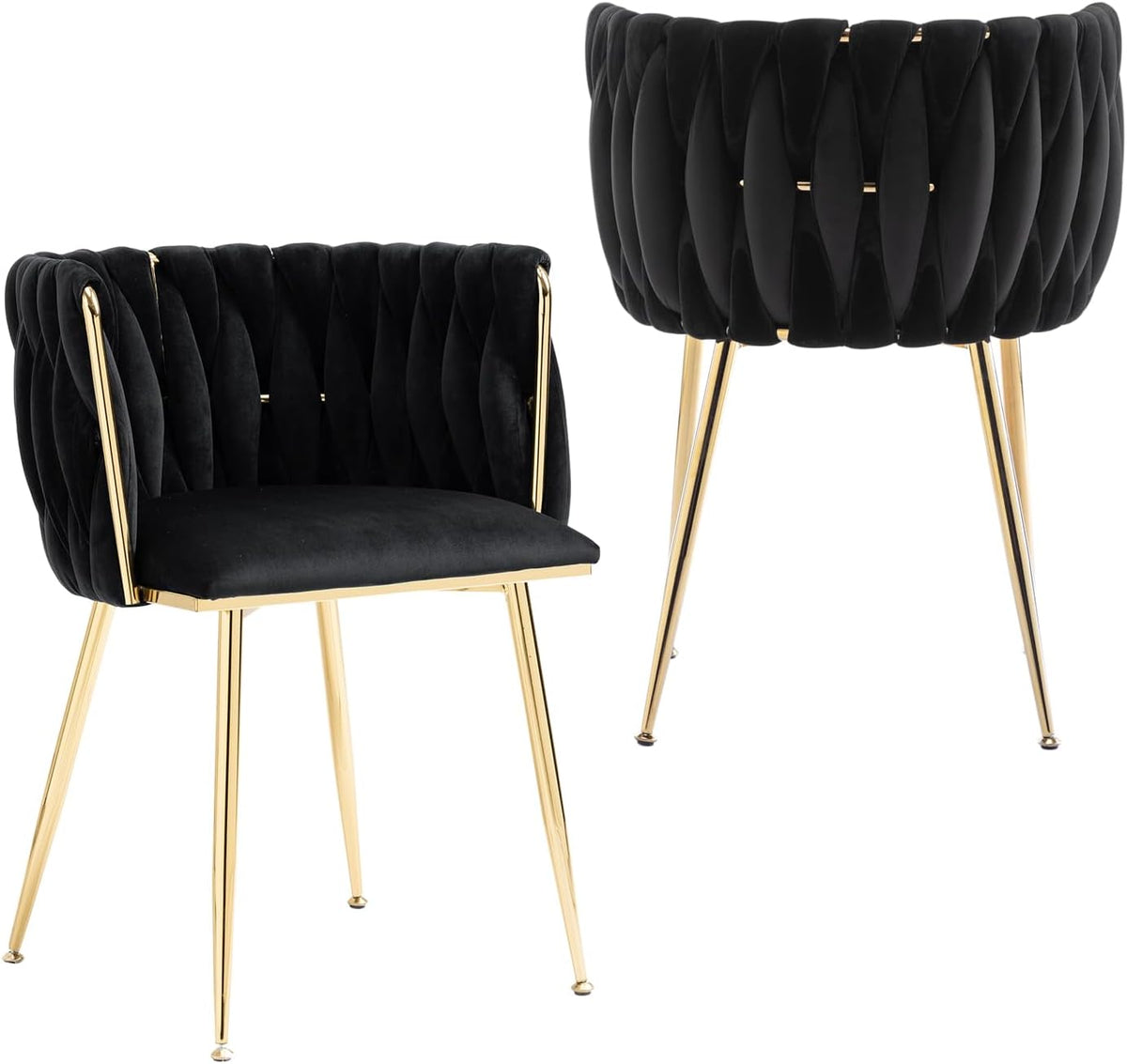 Two black velvet chairs shown side/front and rear views highlighting braided quilted upholstery and gold legs.