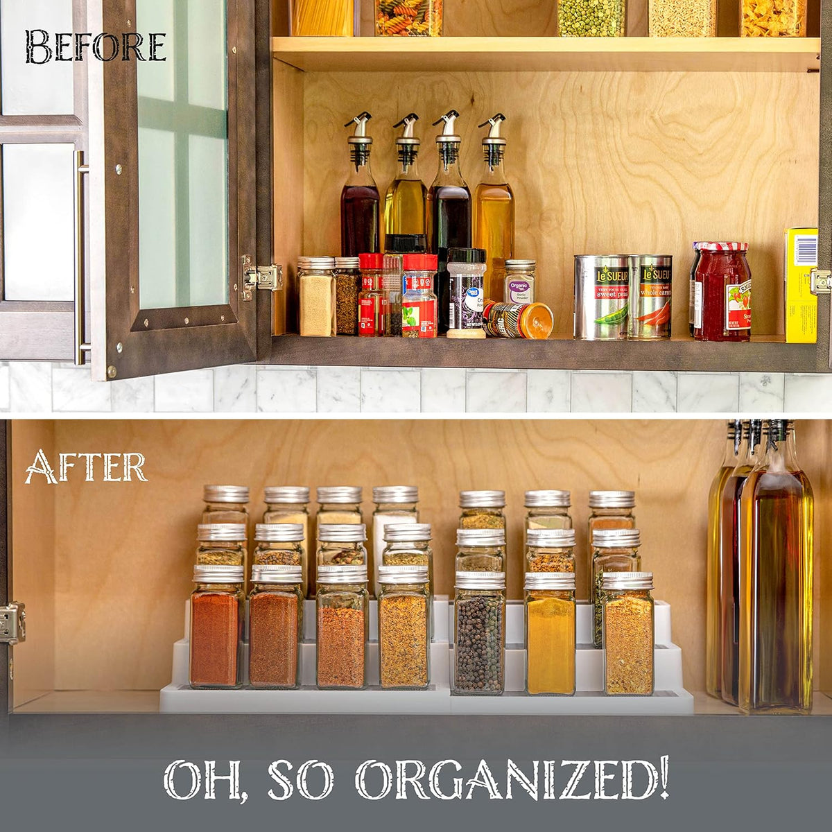 Before-and-after cabinet view showing white 3-tier rack organizing spice jars and bottles inside a wood cabinet