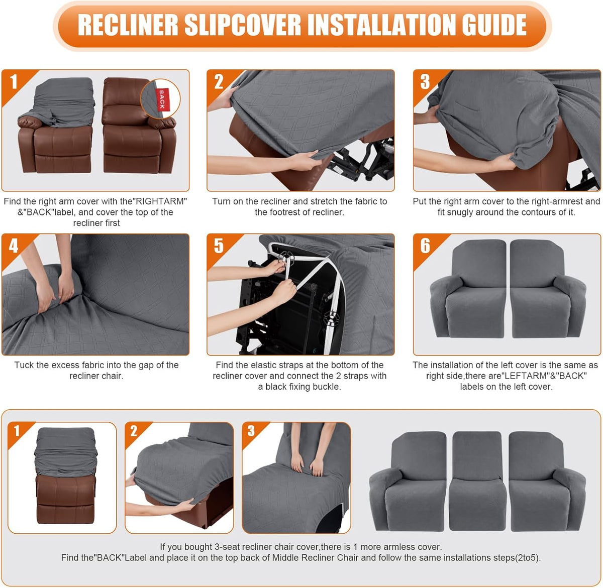 Installation guide collage showing step-by-step fitting of the three-piece recliner slipcover and fastening points