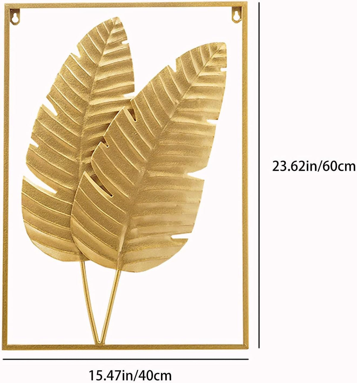 Close-up diagram of two overlapping gold metal leaves inside a thin rectangular frame with measurement lines.