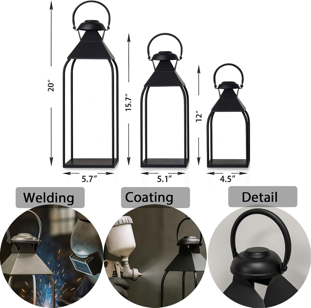 Front diagram of three black lanterns with height and base measurements and three circular detail photos below.